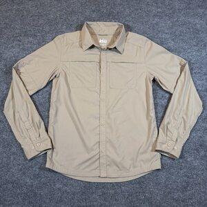 REI Boys Sahara Button Up Long Sleeve Shirt 14-16 Large Beige Nylon Quick-Dry